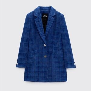 ZARA BLUE & BLACK TEXTURED BLAZER COAT JACKET WITH METAL BUTTONS SIZE XS